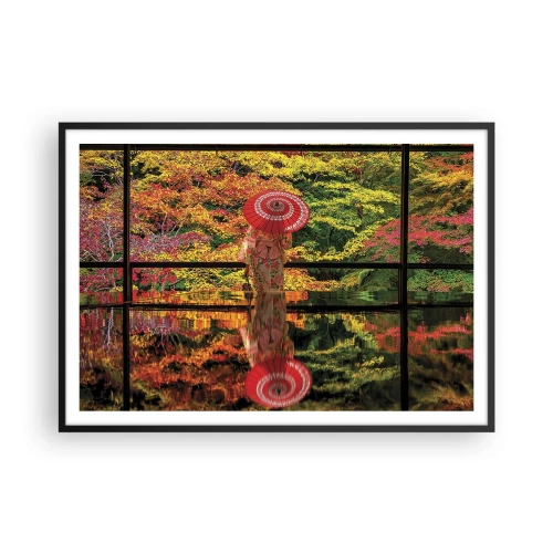 Poster in einem schwarzem Rahmen - Eine Frau im Kimono mit Regenschirm vor dem Hintergrund einer Herbstlandschaft. - 100x70cm - Im Tempel der Natur - Moderne Wanddekoration für Wohnzimmer und Schlafzimmer ARTTOR