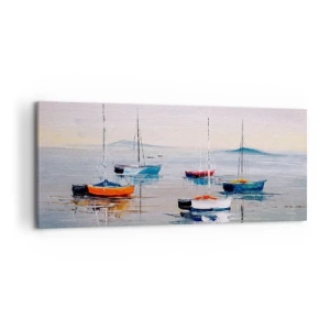 Bild auf Leinwand - Leinwandbild - Bunte Boote auf ruhigem Wasser - 120x50cm - Wohlverdiente Ruhe - Moderne Wanddekoration für Wohnzimmer und Schlafzimmer ARTTOR
