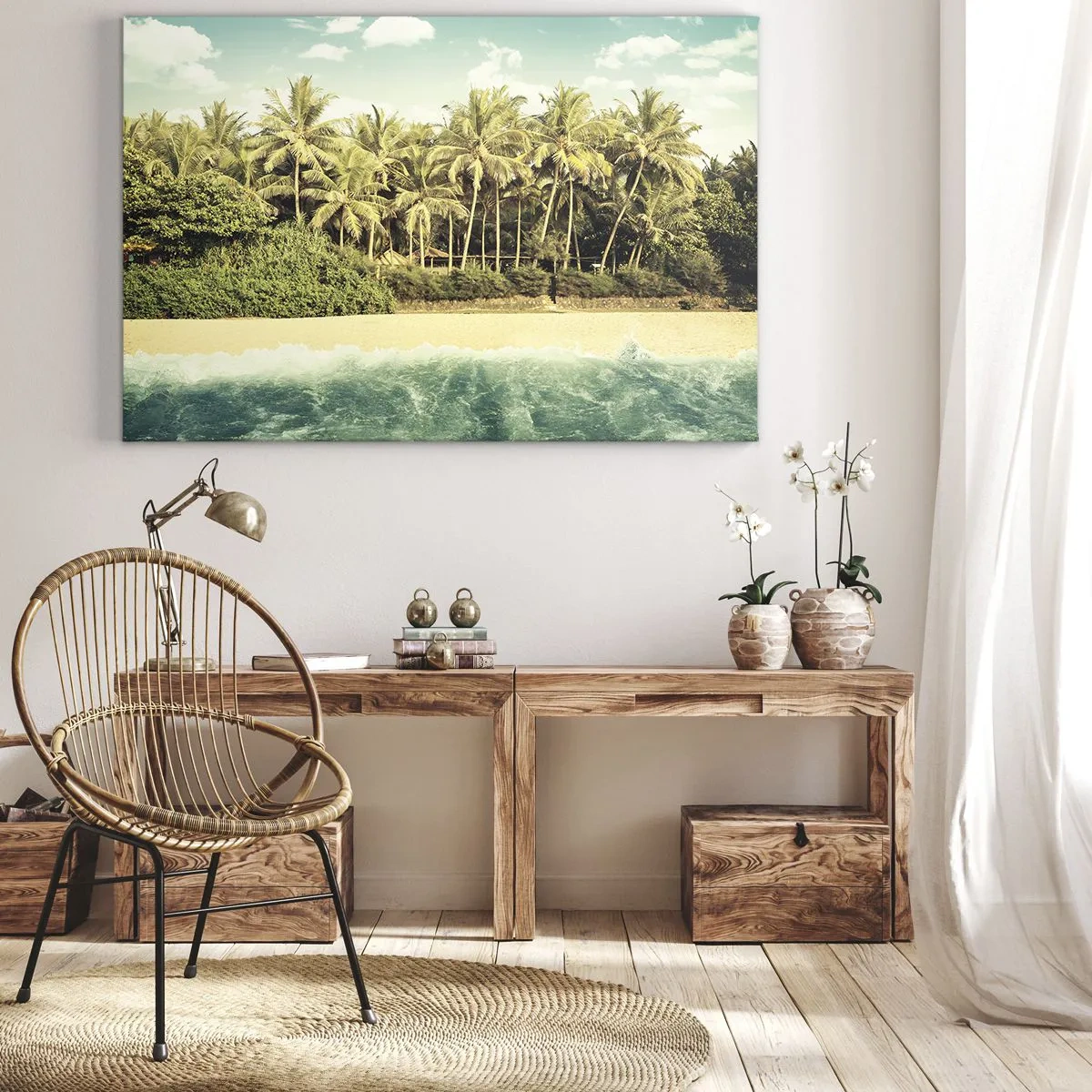 Bild auf Leinwand - Leinwandbild - Tropischer Strand mit Palmen und türkisfarbenem Meer - 120x80cm - Wie wäre es hier? - Moderne Wanddekoration für Wohnzimmer und Schlafzimmer ARTTOR