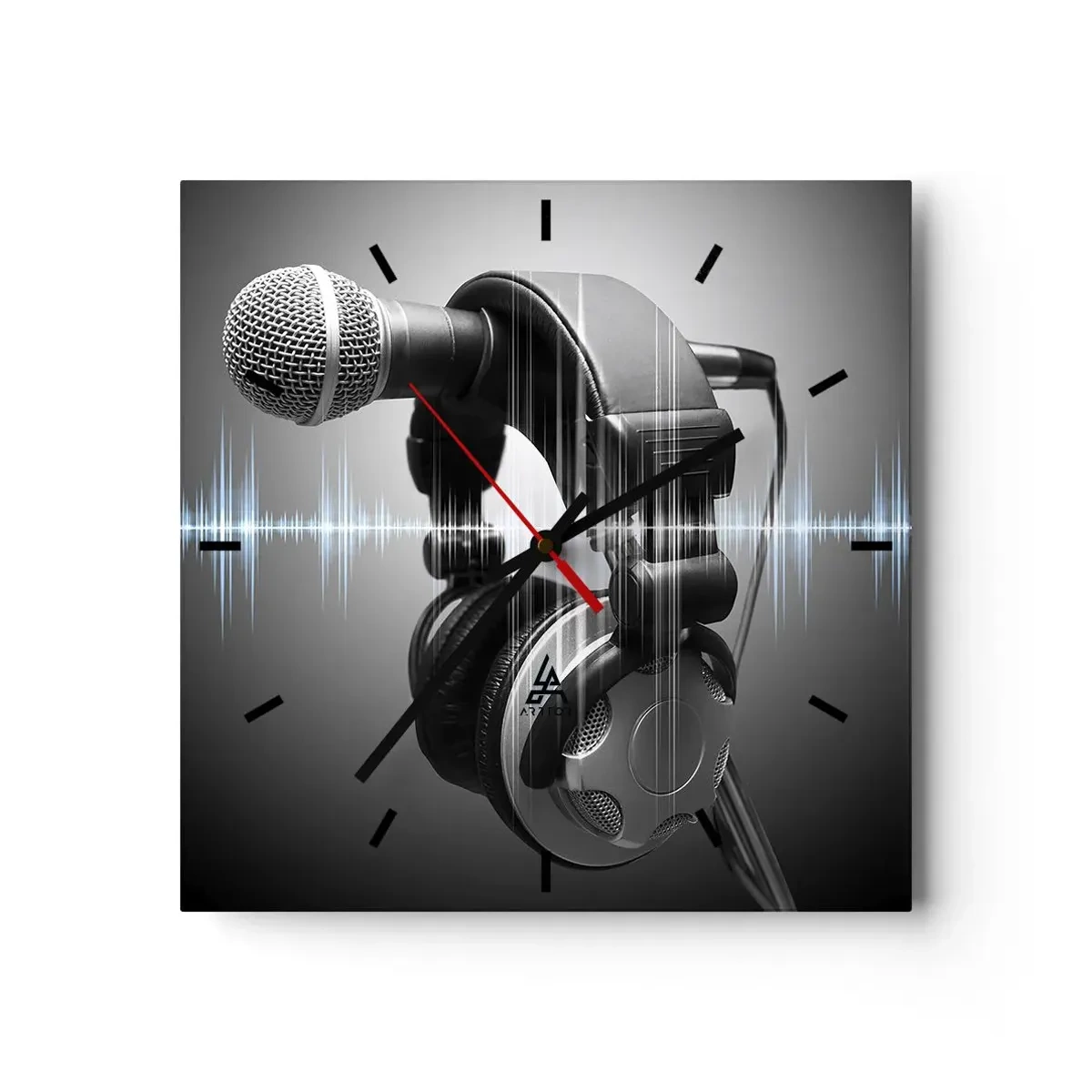 Wanduhr - Glasuhr - Mikrofon und Kopfhörer mit Schallwellenvisualisierung im Hintergrund - 30x30cm - Du kannst immer noch den Gesang hören - Moderne Wanddekoration für Wohnzimmer und Schlafzimmer ARTTOR