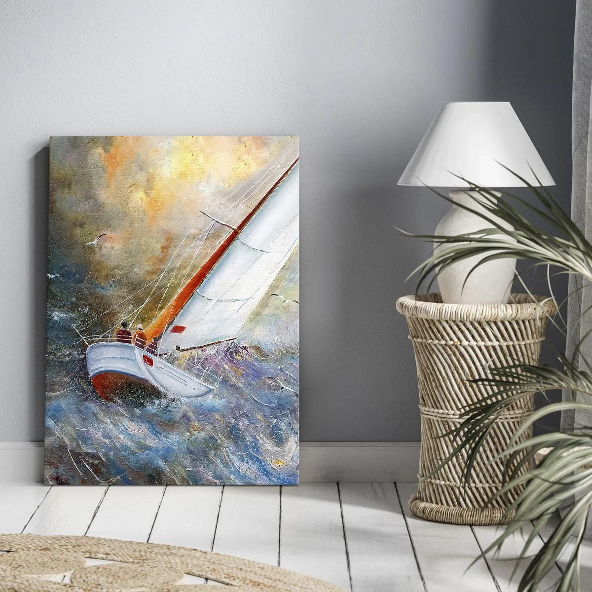 Bild auf Leinwand - Leinwandbild - Segelboote auf rauen Wellen in einer dynamischen Komposition - 70x100cm - Durch die Wellen laufend - Moderne Wanddekoration für Wohnzimmer und Schlafzimmer ARTTOR