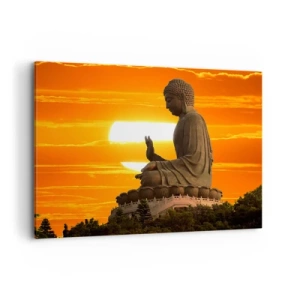 Bild auf Leinwand - Leinwandbild - Eine buddhistische Statue vor dem Hintergrund eines orangefarbenen Sonnenuntergangs - 100x70cm - Keine Angst vor der Welt - Moderne Wanddekoration für Wohnzimmer und Schlafzimmer ARTTOR