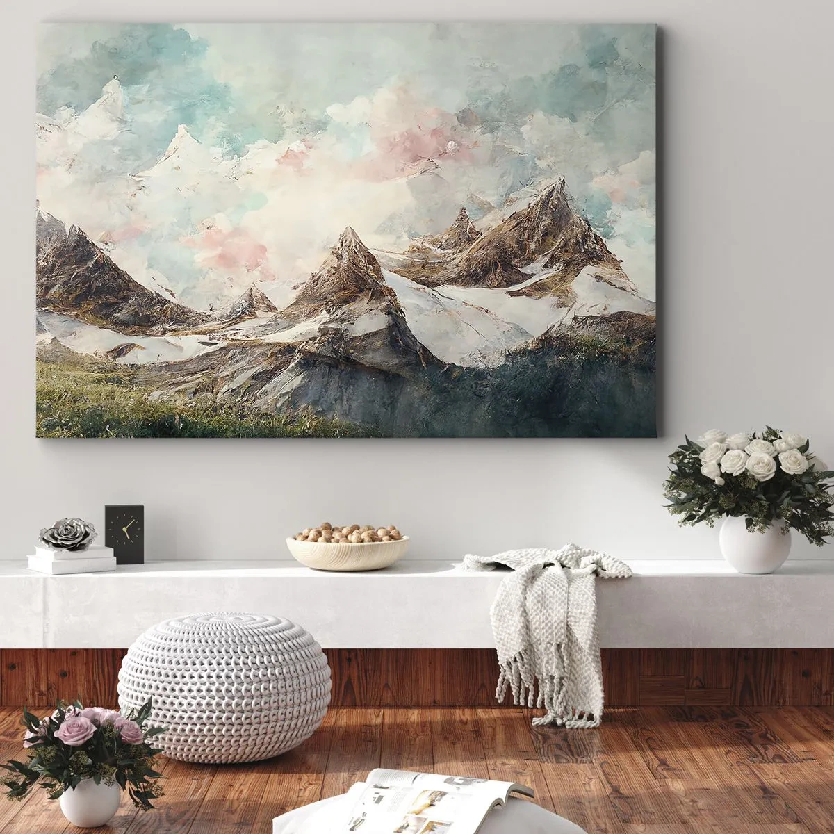 Bild auf Leinwand - Leinwandbild - Malerische Berge mit pastellfarbenem Himmel - 120x80cm - Felsklingen - Moderne Wanddekoration für Wohnzimmer und Schlafzimmer ARTTOR