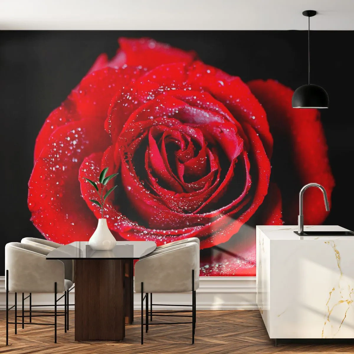 Fototapete Premium Sand - Eine rote Rose mit Tautropfen bedeckt auf schwarzem Hintergrund - 100x70cm - Das ist Liebe - Moderne Wanddekoration für Wohnzimmer und Schlafzimmer ARTTOR
