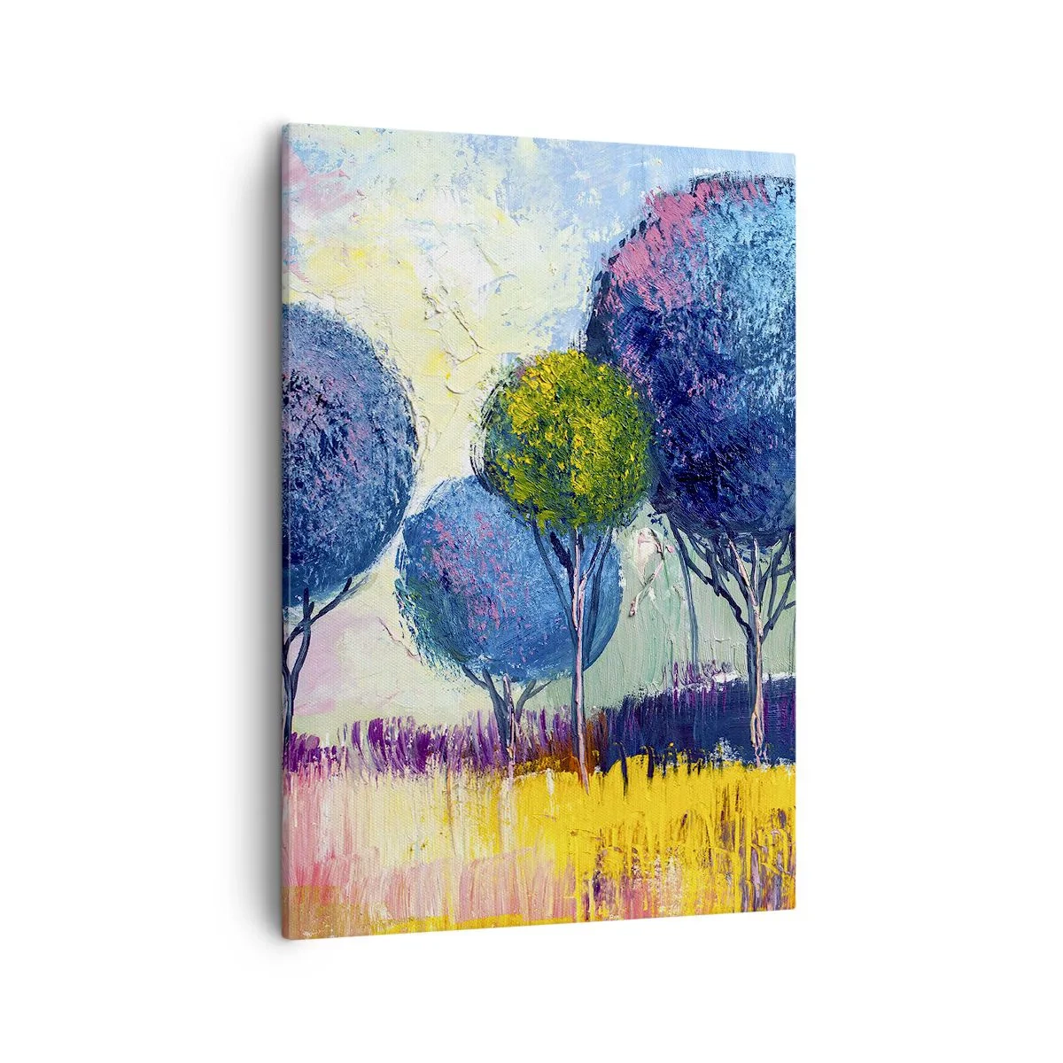 Bild auf Leinwand - Leinwandbild - Bunte kugelförmige Bäume vor dem Hintergrund einer Landschaft - 50x70cm - Kugel - die Form des Ideals - Moderne Wanddekoration für Wohnzimmer und Schlafzimmer ARTTOR
