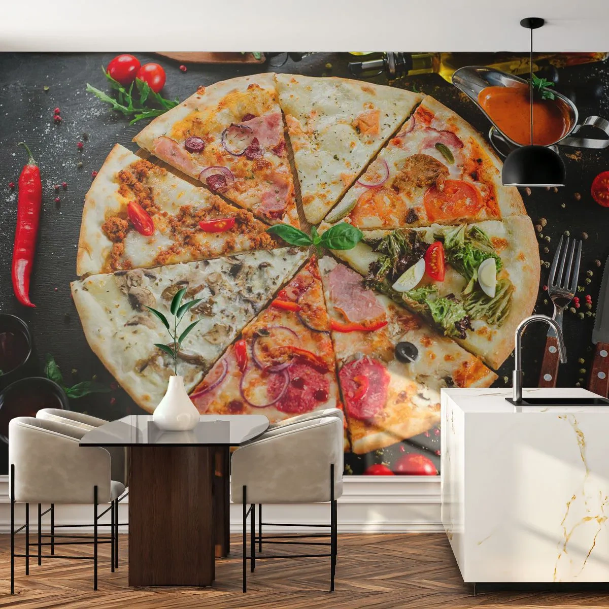 Fototapete Premium Sand - Eine Reihe von Geschmacksrichtungen - Gastronomie, Pizza, Italien - 100x70 cm