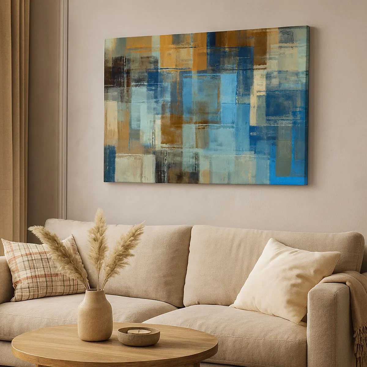 Bild auf Leinwand - Leinwandbild - Abstrakte geometrische Komposition in Blau- und Brauntönen - 70x50cm - Durch den blauen Schleier - Moderne Wanddekoration für Wohnzimmer und Schlafzimmer ARTTOR