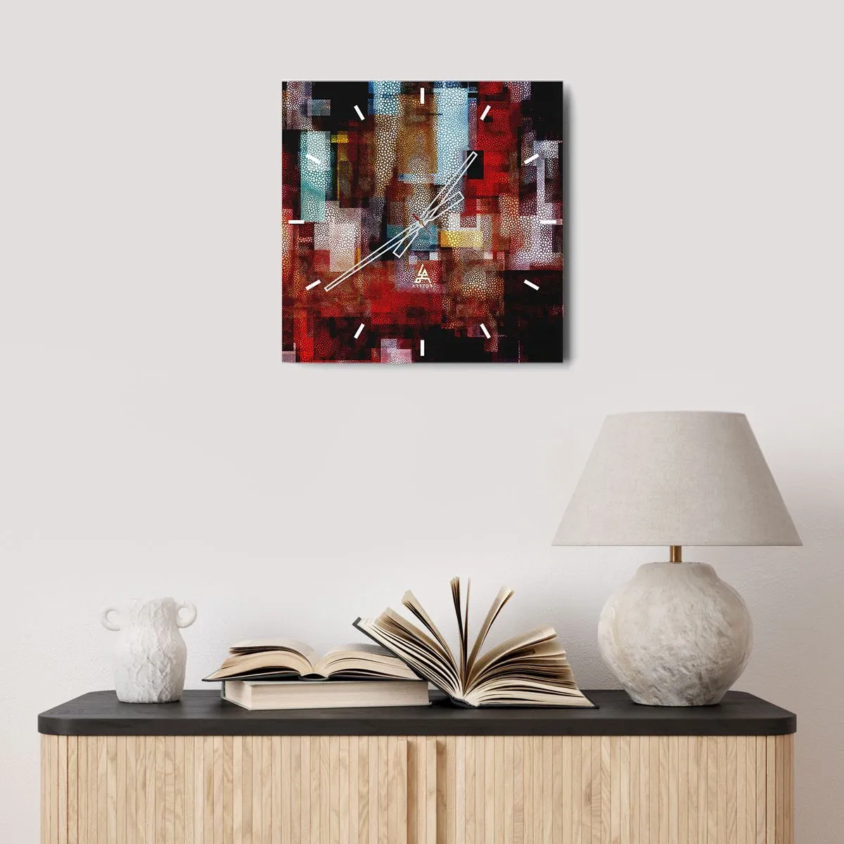 Wanduhr - Glasuhr - Geometrische Abstraktion in intensiven Rottönen - 30x30cm - Verwirrung mit Verwirrung - Moderne Wanddekoration für Wohnzimmer und Schlafzimmer ARTTOR