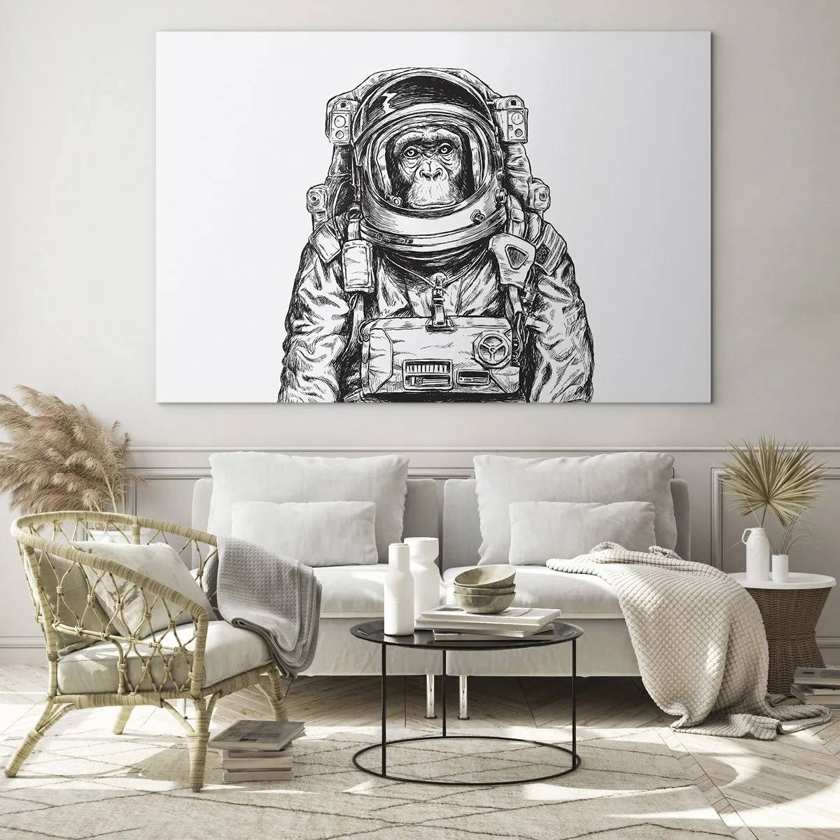 Glasbild - Bild auf glas - Skizze eines Affen im Astronautenanzug auf weißem Hintergrund - 120x80cm - Alternative Evolution - Moderne Wanddekoration für Wohnzimmer und Schlafzimmer ARTTOR