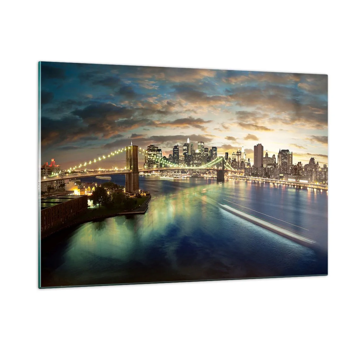 Glasbild - Bild auf glas - Blick auf die Brücke und die Stadt bei Sonnenuntergang - 120x80cm - Ein heller Abend über Manhattan - Moderne Wanddekoration für Wohnzimmer und Schlafzimmer ARTTOR
