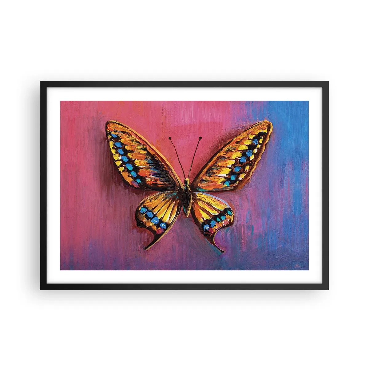 Poster in einem schwarzem Rahmen - Bunter Schmetterling auf abstraktem Hintergrund - 70x50cm - Ein Juwel der Natur - Moderne Wanddekoration für Wohnzimmer und Schlafzimmer ARTTOR