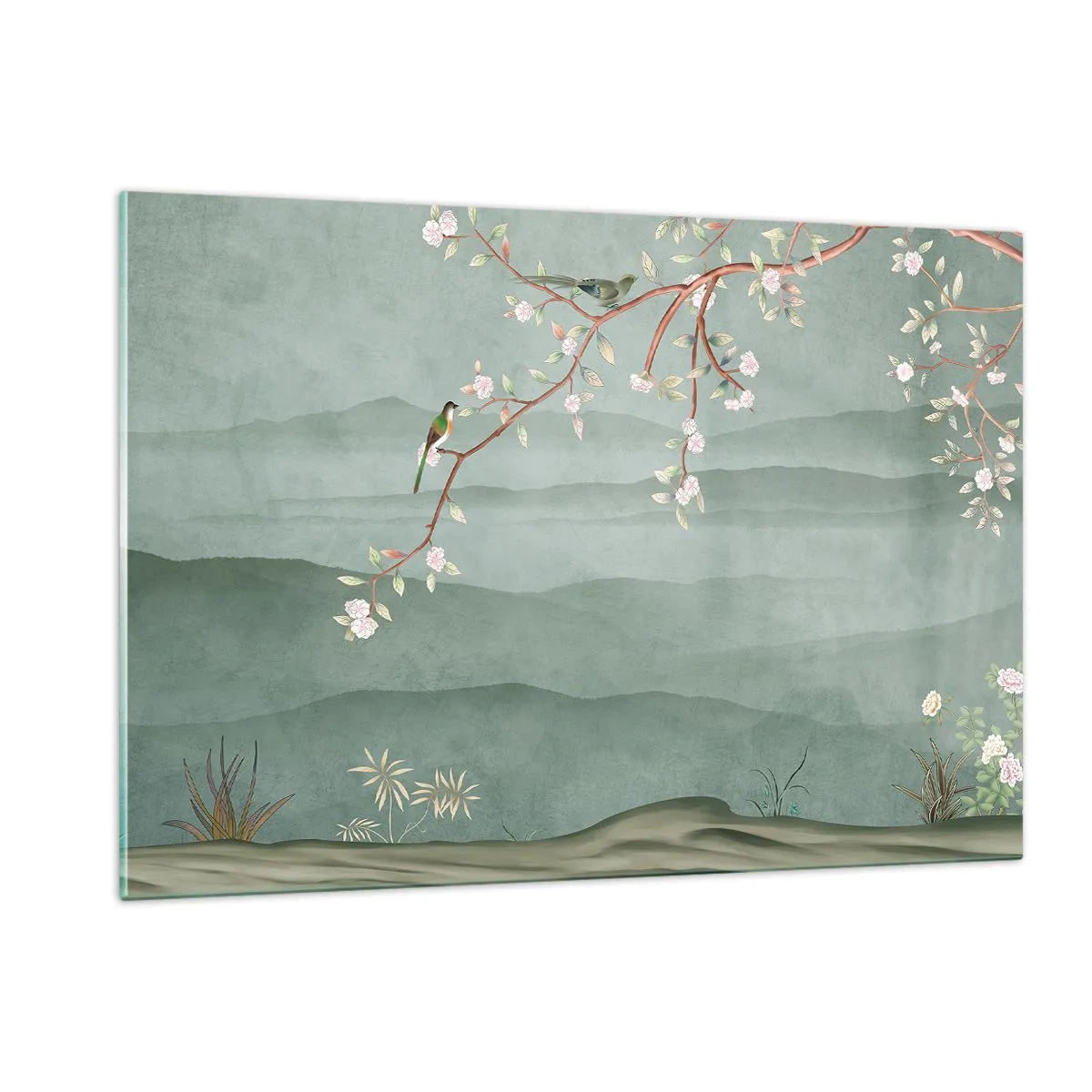Glasbild - Bild auf glas - Ein Zweig mit Blumen und Vögeln vor dem Hintergrund grüner Hügel - 120x80cm - Frühling, oh, du bist es - Moderne Wanddekoration für Wohnzimmer und Schlafzimmer ARTTOR