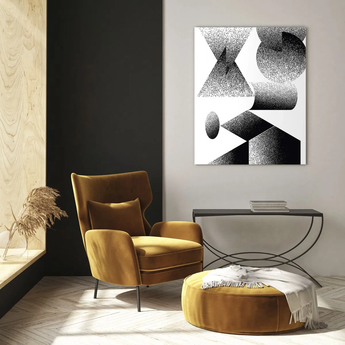 Glasbild - Bild auf glas - Geometrie bestehend aus Winkeln und ovalen Formen - 80x120cm - Winkel und Ovale - Moderne Wanddekoration für Wohnzimmer und Schlafzimmer ARTTOR