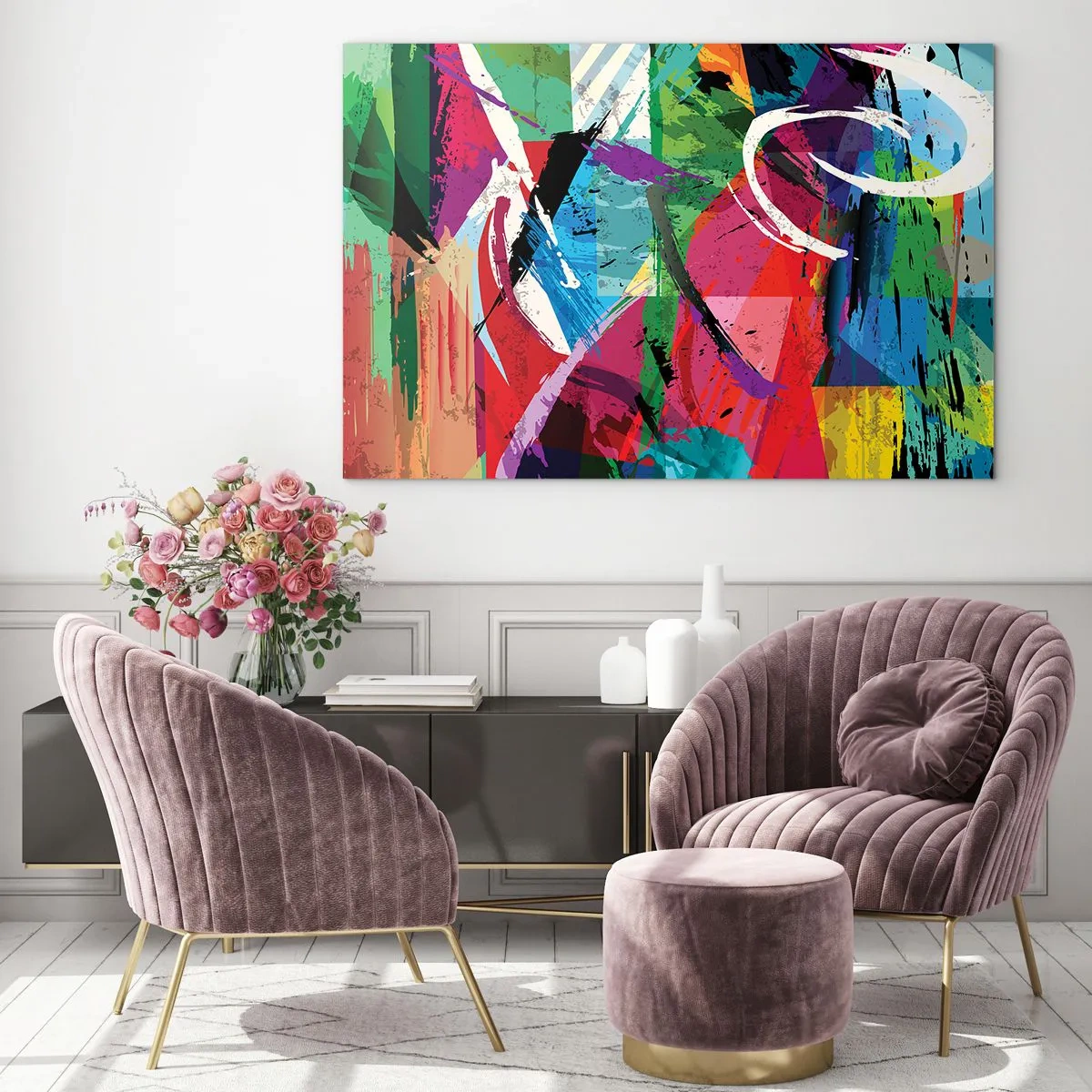Glasbild - Bild auf glas - Bunte Abstraktion mit dynamischen Formen und Texturen - 70x50cm - Schnell, spritzig und springt - Moderne Wanddekoration für Wohnzimmer und Schlafzimmer ARTTOR
