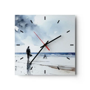 Wanduhr - Glasuhr - Eine Figur an einem Strand in einer ruhigen Meeresumgebung - 30x30cm - Gespräch mit dem Meer - Moderne Wanddekoration für Wohnzimmer und Schlafzimmer ARTTOR