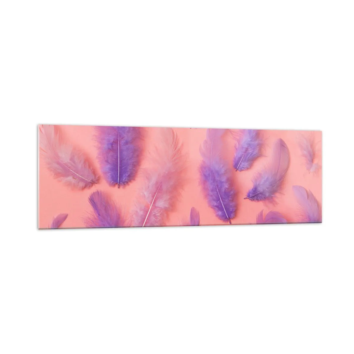 Glasbild - Bild auf glas - Lila und rosa Federn auf pastellfarbenem Hintergrund - 160x50cm - Lila Vogel der Begierde - Moderne Wanddekoration für Wohnzimmer und Schlafzimmer ARTTOR