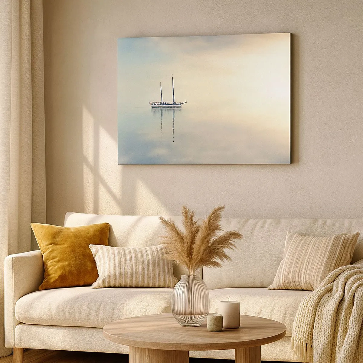 Bild auf Leinwand - Leinwandbild - Ein Boot auf ruhiger See in sanftem Licht - 70x50cm - Im Meer der Stille - Moderne Wanddekoration für Wohnzimmer und Schlafzimmer ARTTOR
