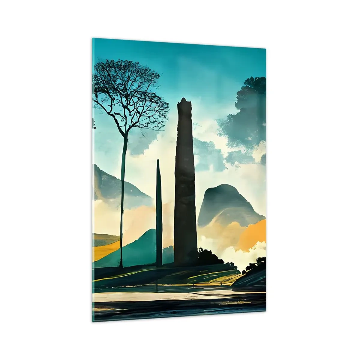 Glasbild - Bild auf glas - Eine malerische Landschaft mit Bäumen und Bergen im Hintergrund - 70x100cm - Immer höher und höher - Moderne Wanddekoration für Wohnzimmer und Schlafzimmer ARTTOR