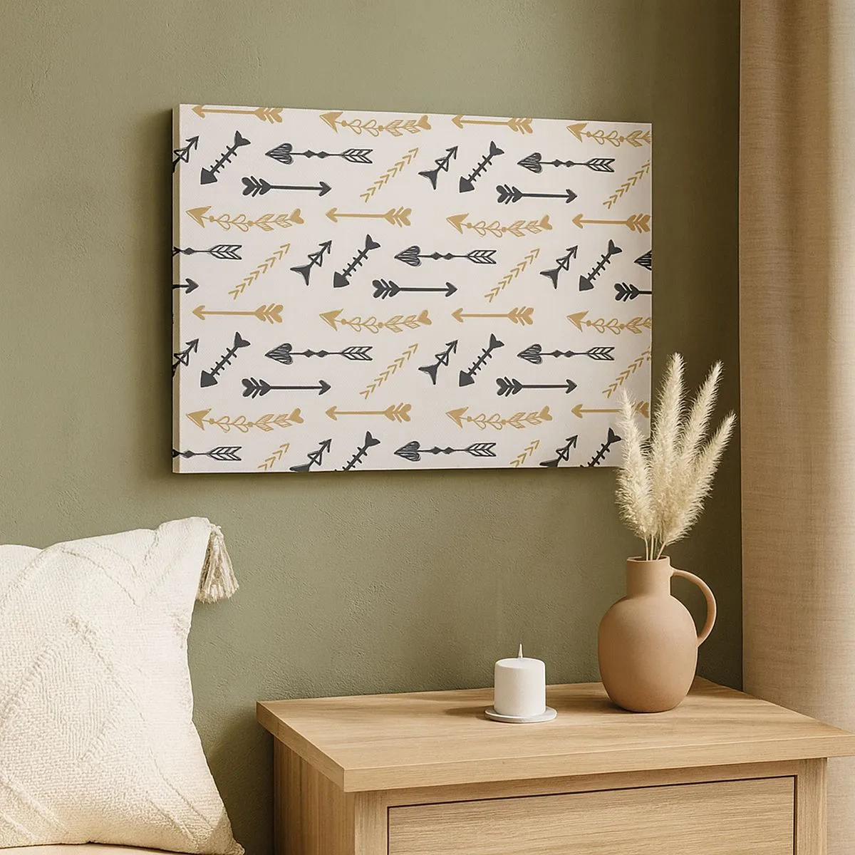 Bild auf Leinwand - Leinwandbild - Ein minimalistisches Muster mit Pfeilen in Beige- und Grautönen. - 70x50cm - Der Traum des Bogenschützen - Moderne Wanddekoration für Wohnzimmer und Schlafzimmer ARTTOR