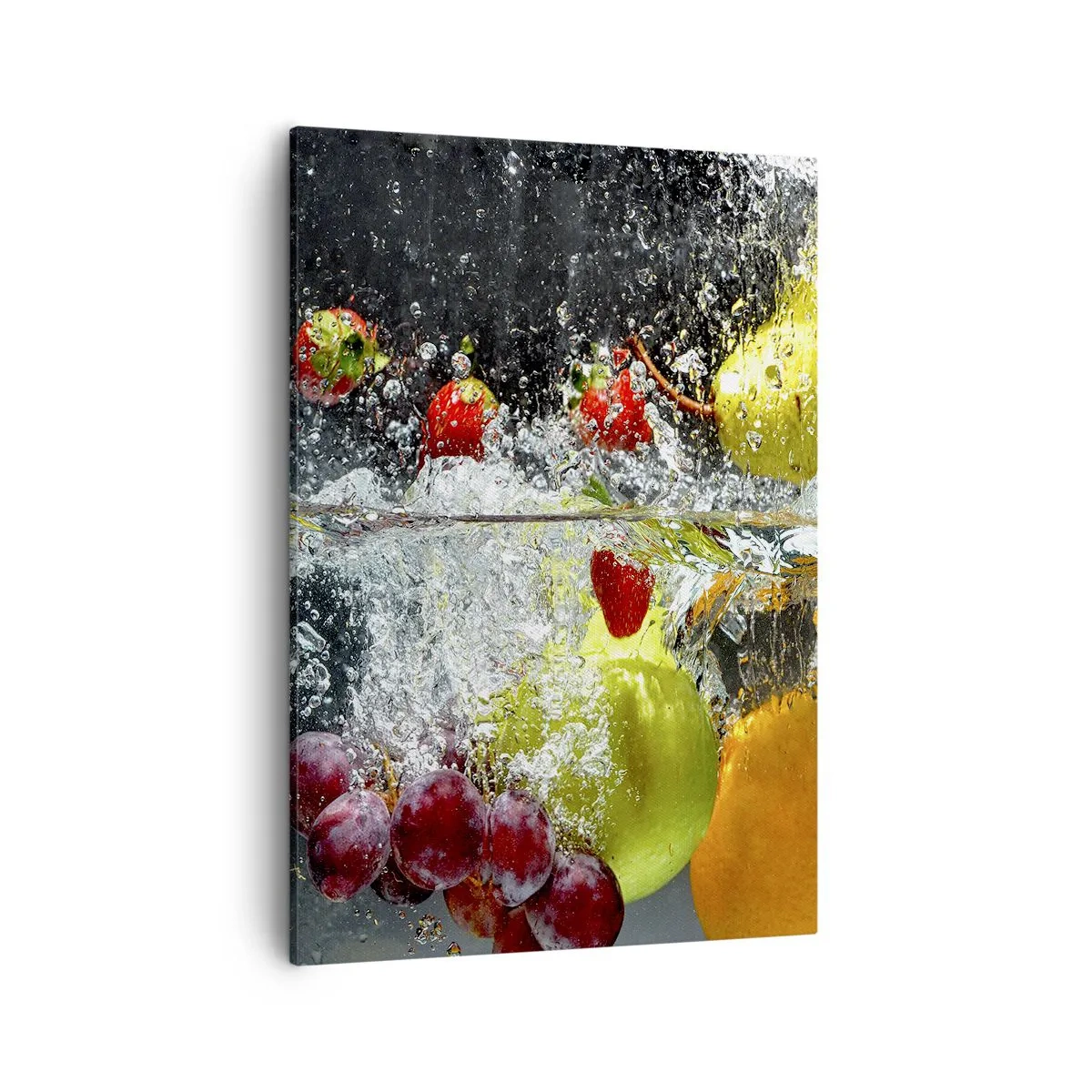 Bild auf Leinwand - Leinwandbild - Bunte Früchte im Wasser bei dynamischer Immersion - 50x70cm - Fruchterfrischung - Moderne Wanddekoration für Wohnzimmer und Schlafzimmer ARTTOR