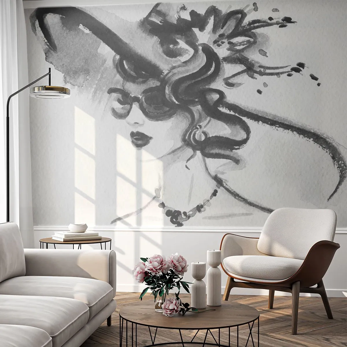 Fototapete Premium Canvas - Eine Dame mit Charakter - Frau, In, A, Hat, Das Gesicht einer Frau, Schwarz und weiß - 150x105 cm