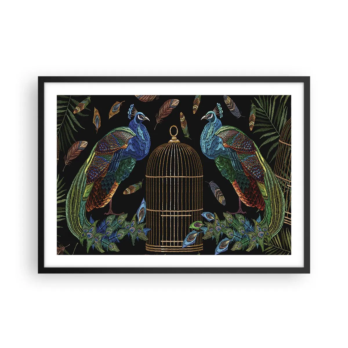 Poster in einem schwarzem Rahmen - Pfauen neben einem goldenen Käfig auf schwarzem Hintergrund - 70x50cm - In königlichen Gewändern - Moderne Wanddekoration für Wohnzimmer und Schlafzimmer ARTTOR