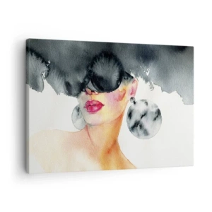 Bild auf Leinwand - Leinwandbild - Eine Frau mit stylischer Brille und großen Ohrringen - 70x50cm - Das Geheimnis der Eleganz - Moderne Wanddekoration für Wohnzimmer und Schlafzimmer ARTTOR