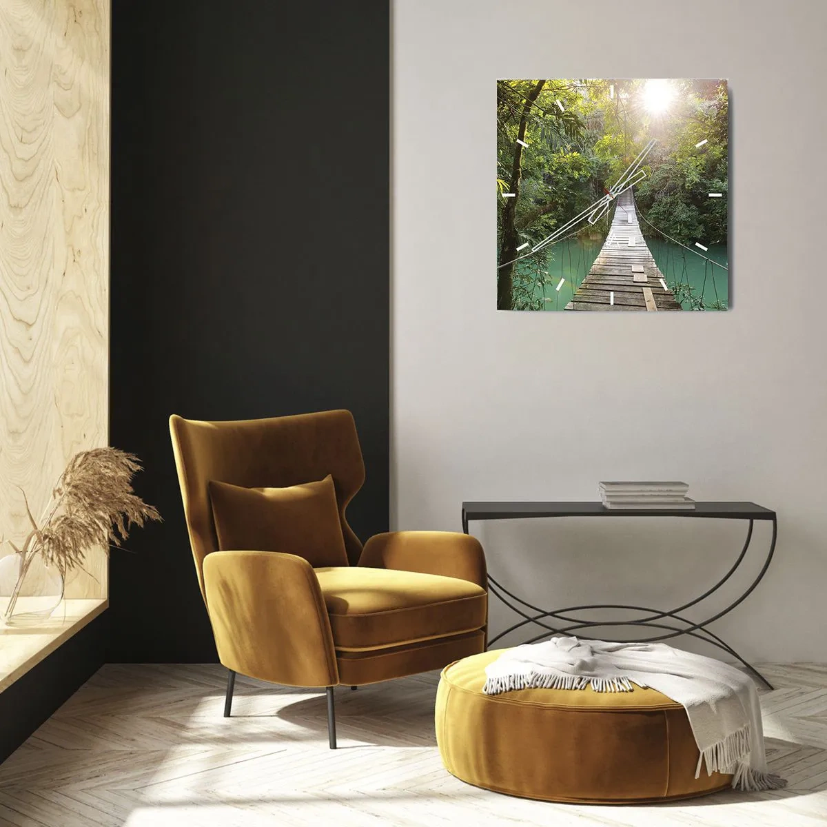 Wanduhr - Glasuhr - Eine Hängebrücke in einem tropischen Wald, beleuchtet vom Sonnenlicht. - 30x30cm - Über das azurblaue Wasser zum azurblauen Wald - Moderne Wanddekoration für Wohnzimmer und Schlafzimmer ARTTOR