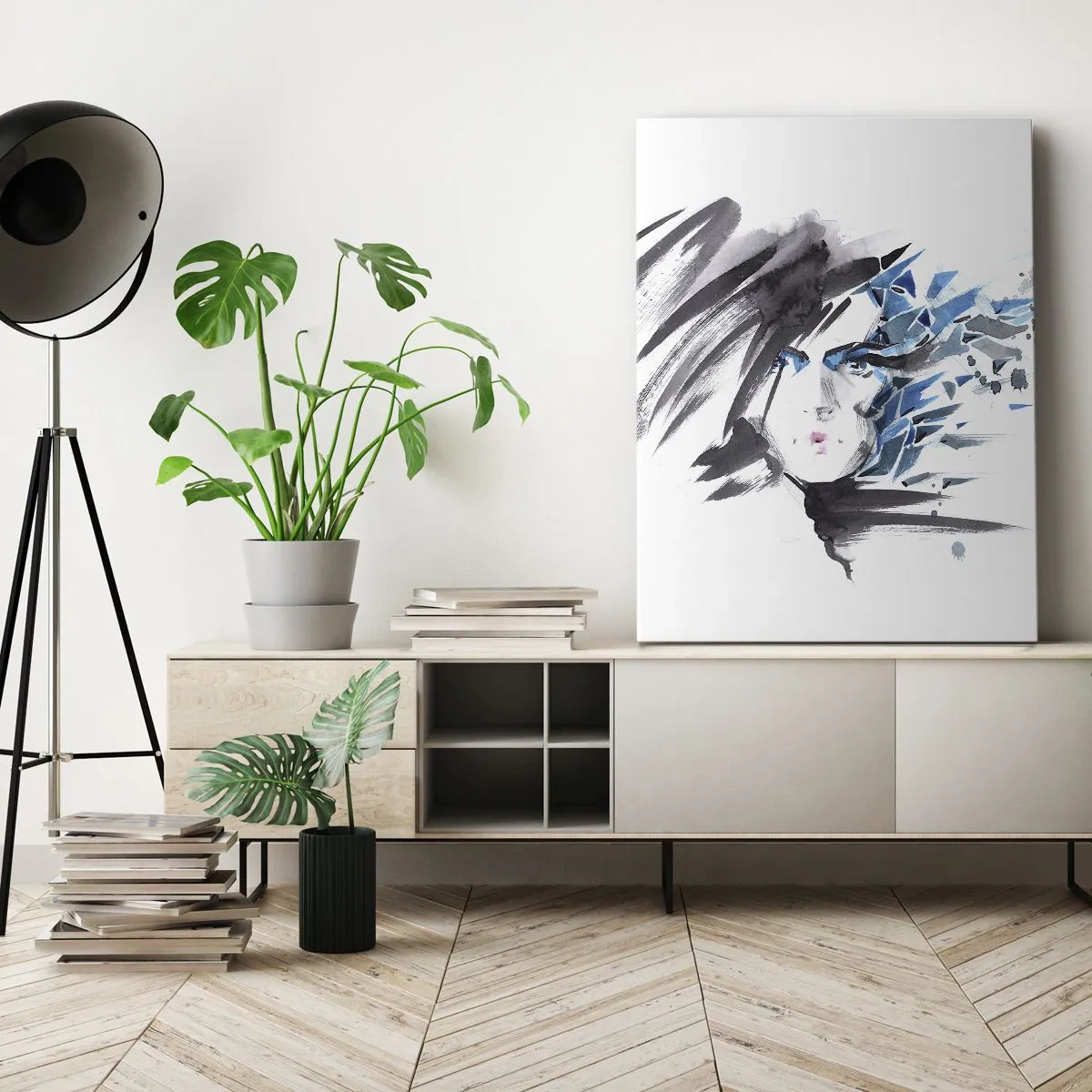 Bild auf Leinwand - Leinwandbild - Künstlerische Aquarell-Gesichtsbemalung mit blauen Akzenten - 50x70cm - Sinnliches Portrait in Grau und Blau - Moderne Wanddekoration für Wohnzimmer und Schlafzimmer ARTTOR