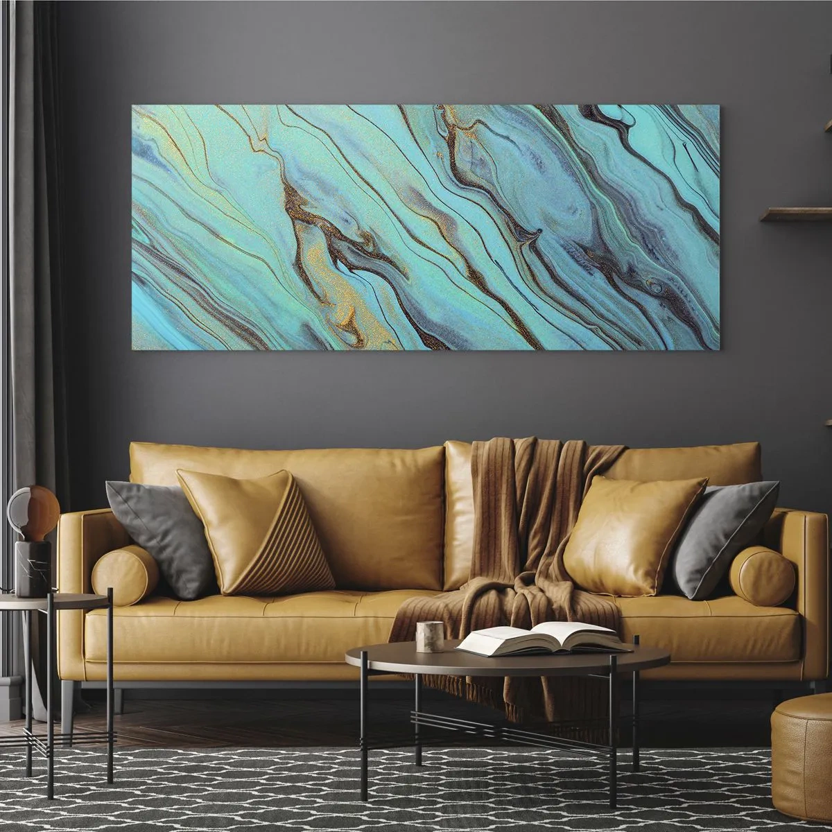 Glasbild - Bild auf glas - Abstrakte Wellen in Türkis- und Goldtönen - 140x50cm - Türkisfarbene Flut - Moderne Wanddekoration für Wohnzimmer und Schlafzimmer ARTTOR