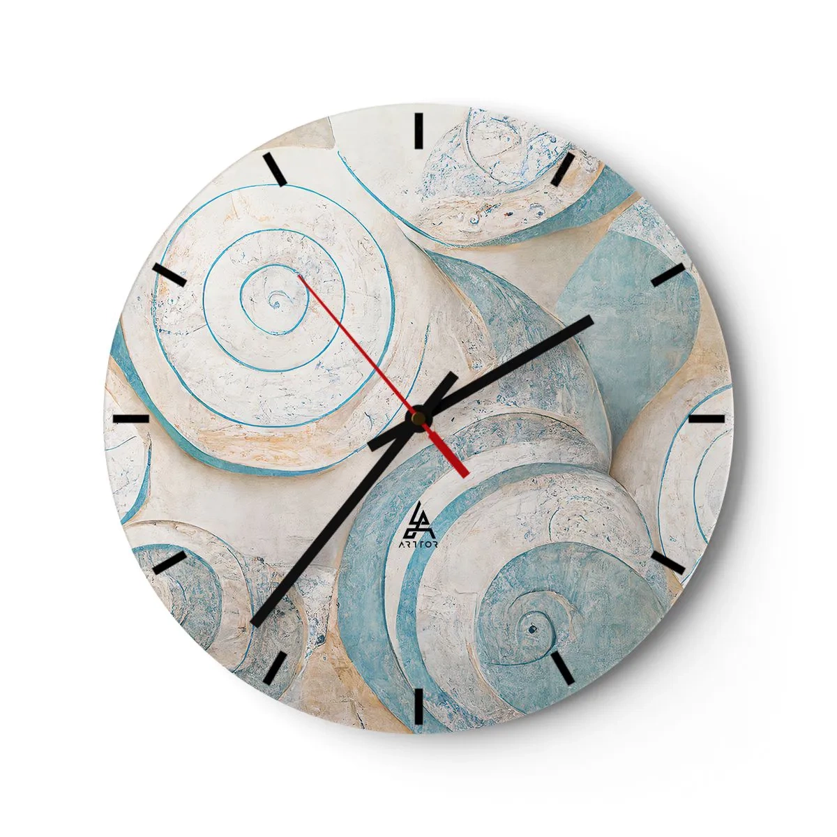Wanduhr - Glasuhr - Künstlerische Spiralen im Muschel-Stil in Blau- und Beigetönen - 30x30cm - Was verbirgt sich in der Muschel? - Moderne Wanddekoration für Wohnzimmer, Küche und Schlafzimmer ARTTOR