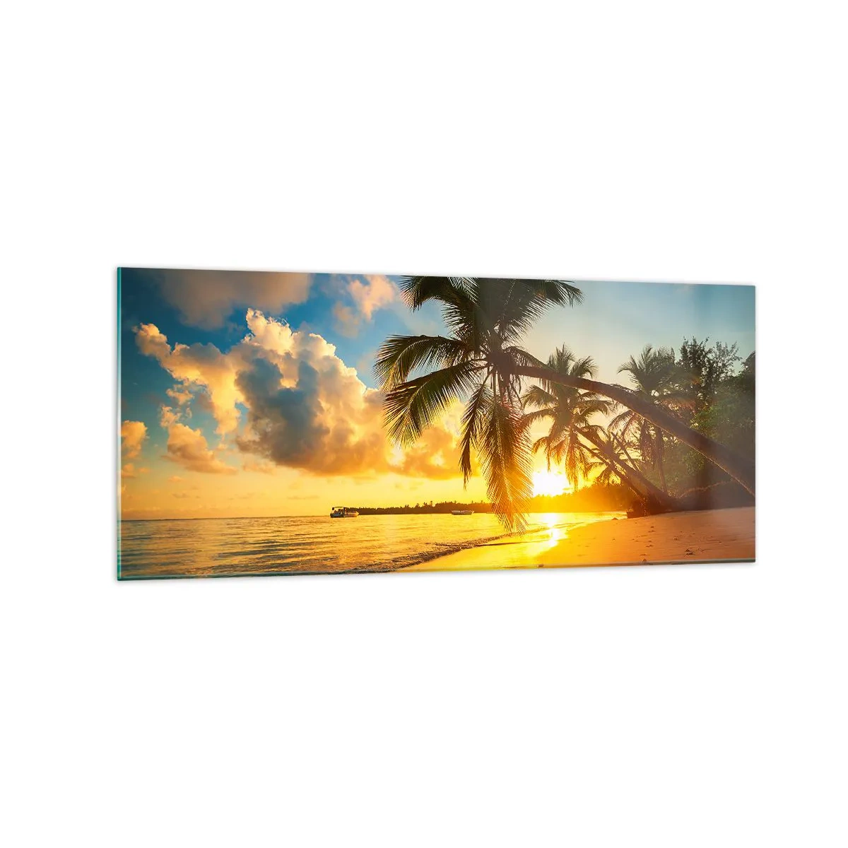 Glasbild - Bild auf glas - Sonnenuntergang am Strand mit Palmen an der Küste - 120x50cm - Karibischer Traum - Moderne Wanddekoration für Wohnzimmer und Schlafzimmer ARTTOR