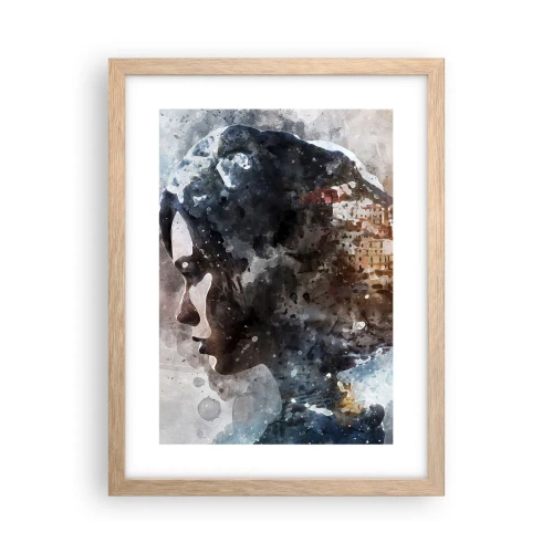 Poster in einem Rahmen aus heller Eiche - Eine Geschichte über ein Mädchen mit einer Stadt im Hintergrund - 30x40 cm