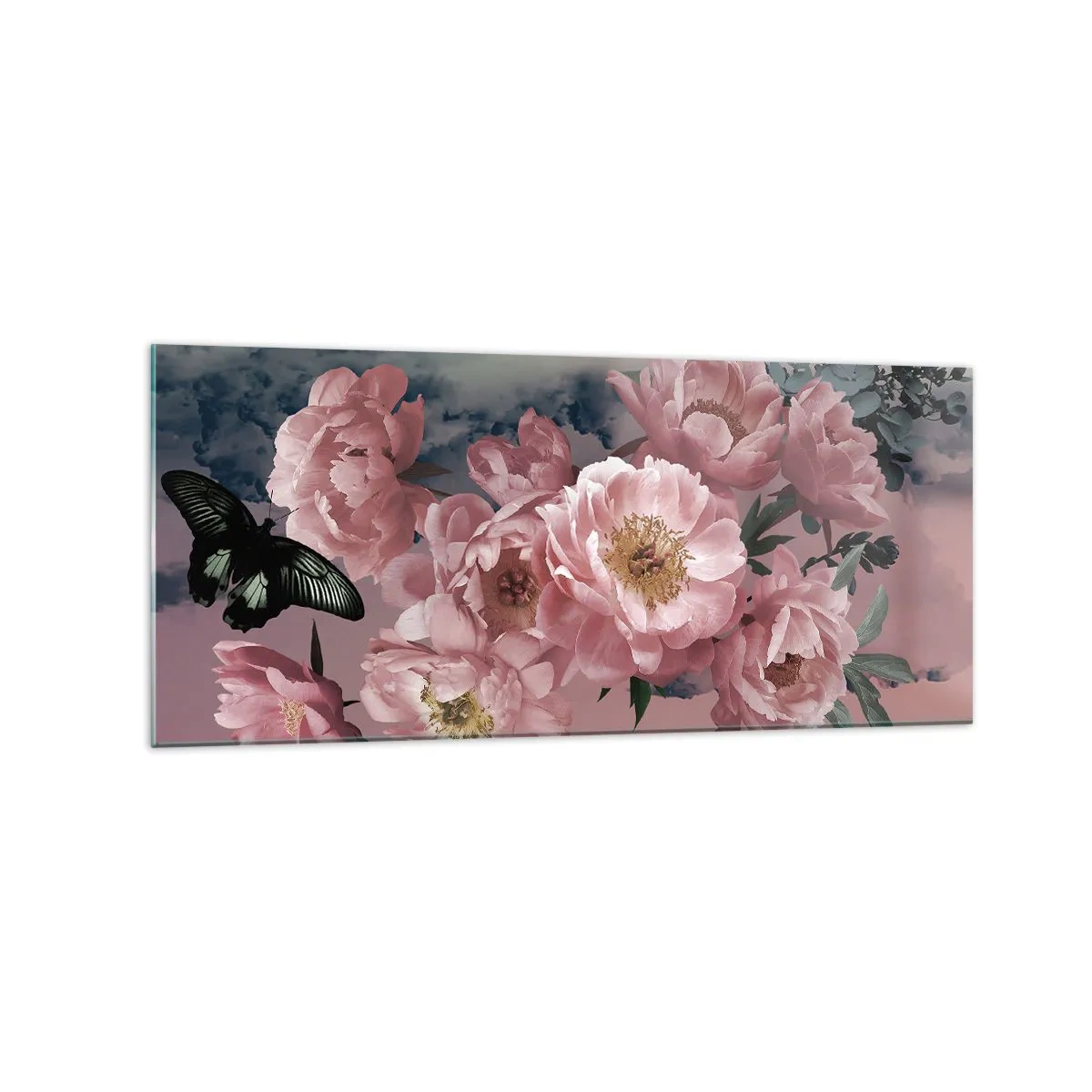 Glasbild - Bild auf glas - Rosa Pfingstrosen mit einem Schmetterling auf pastellfarbenem Hintergrund - 120x50cm - Der Höhepunkt der Romantik - Moderne Wanddekoration für Wohnzimmer und Schlafzimmer ARTTOR