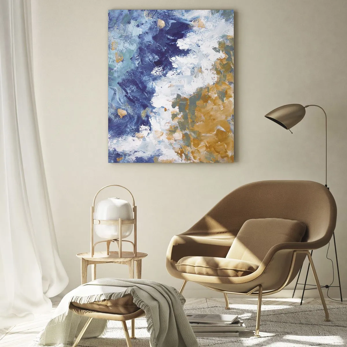 Glasbild - Bild auf glas - Abstrakte Pinselstriche in Blau, Weiß und Gold - 50x70cm - Tanz der Naturelemente - Moderne Wanddekoration für Wohnzimmer und Schlafzimmer ARTTOR