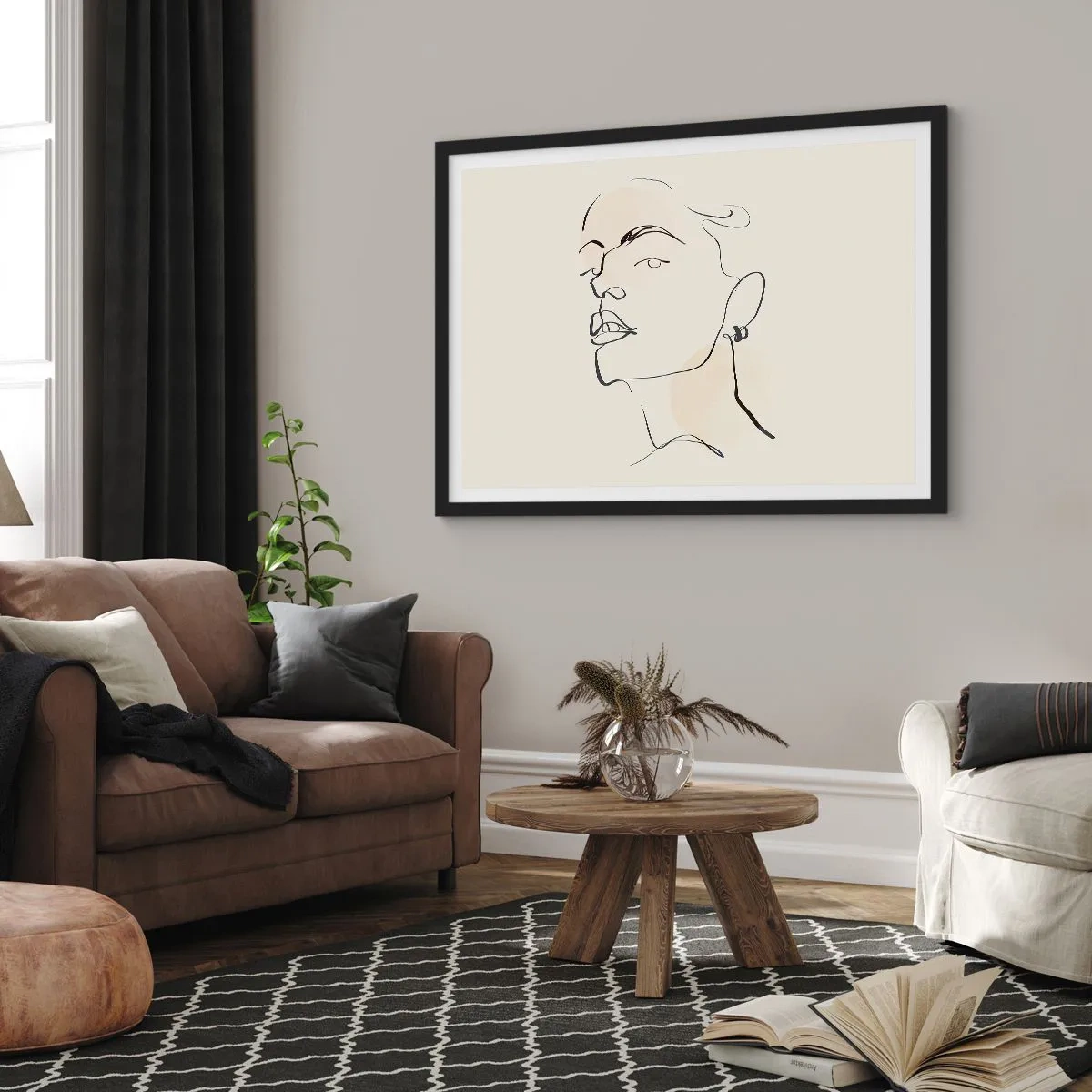 Poster in einem schwarzem Rahmen - Minimalistische Skizze eines Frauengesichts - 70x50cm - Ein stolzer Blick - Moderne Wanddekoration für Wohnzimmer und Schlafzimmer ARTTOR