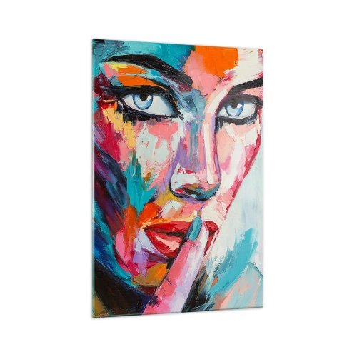 Glasbild - Bild auf glas - Farbenfrohes Porträt einer Frau im abstrakten Stil - 70x100cm - Unser erstes Geheimnis - Moderne Wanddekoration für Wohnzimmer und Schlafzimmer ARTTOR