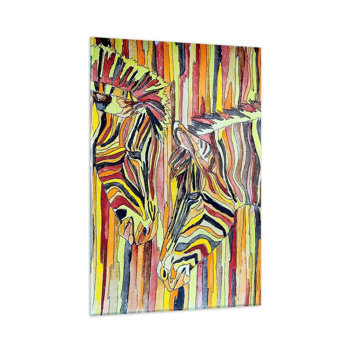 Glasbild - Bild auf glas - Bunte Zebras vor einem Hintergrund aus abstrakten Streifen - 80x120cm - Also du auch... - Moderne Wanddekoration für Wohnzimmer und Schlafzimmer ARTTOR