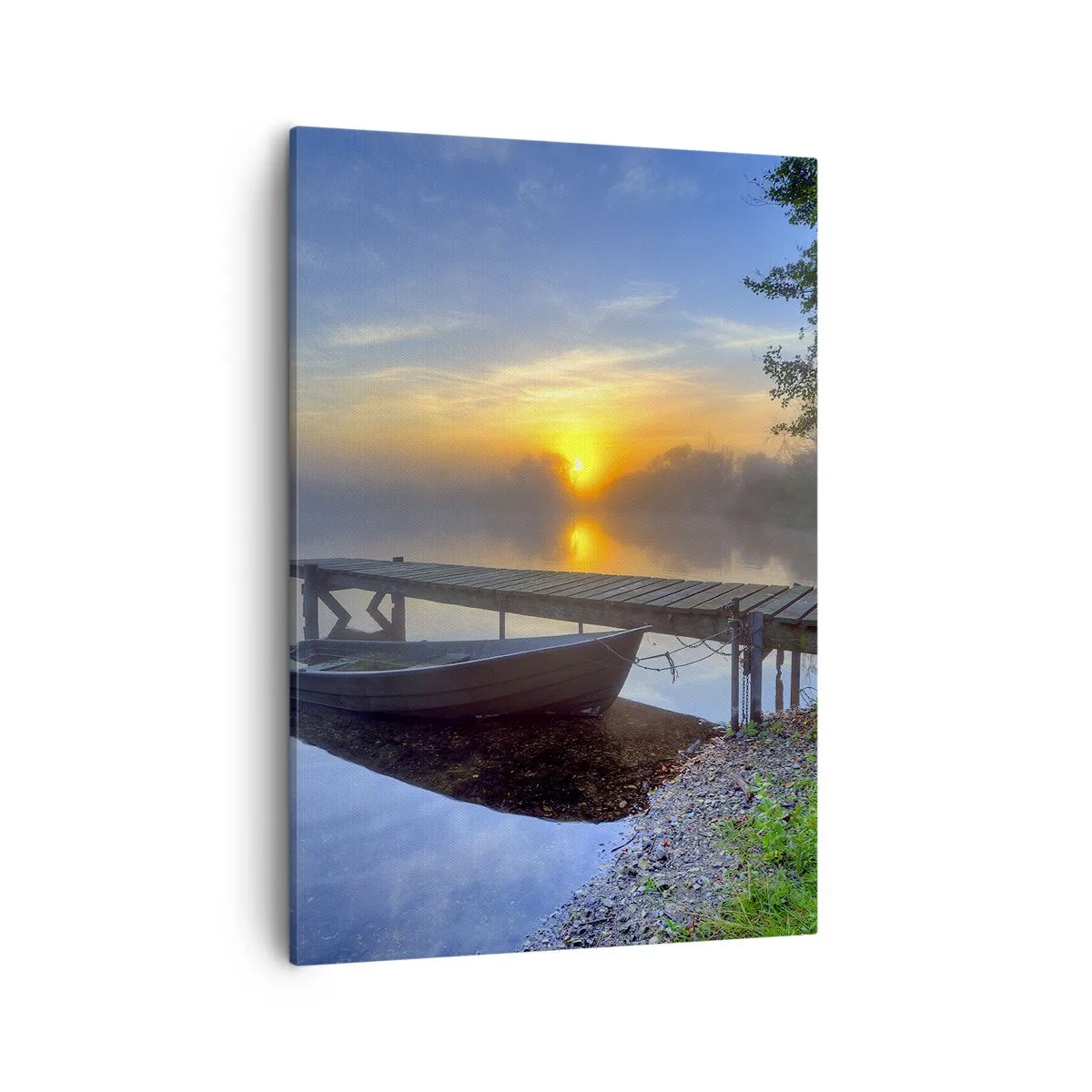 Bild auf Leinwand - Leinwandbild - Ein Seesteg bei Sonnenaufgang mit einem Boot am Ufer - 50x70cm - Wie aus Gewöhnlichem Magie wird - Moderne Wanddekoration für Wohnzimmer und Schlafzimmer ARTTOR