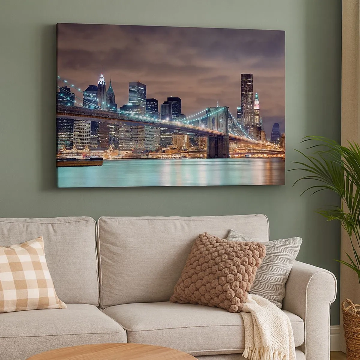 Bild auf Leinwand - Leinwandbild - Die nachts beleuchtete Brücke vor dem Hintergrund des modernen Stadtpanoramas - 70x50cm - Lichter der Großstadt - Moderne Wanddekoration für Wohnzimmer und Schlafzimmer ARTTOR