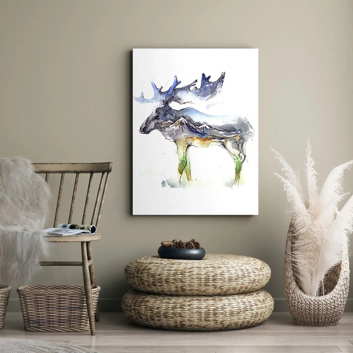 Bild auf Leinwand - Leinwandbild - Aquarell-Silhouette eines Elches mit Berglandschaft - 50x70cm - Der Held eines Wintermärchens - Moderne Wanddekoration für Wohnzimmer und Schlafzimmer ARTTOR