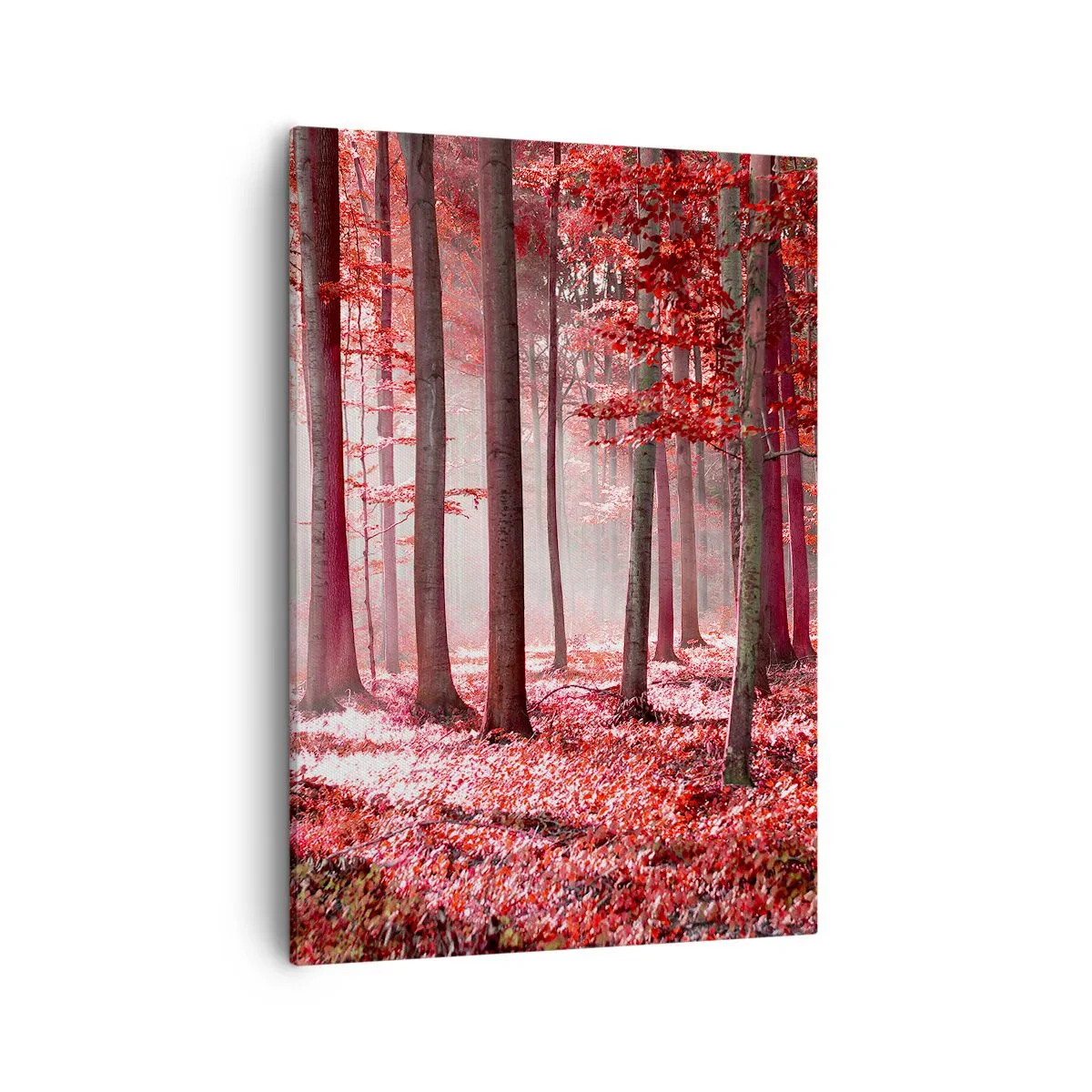 Bild auf Leinwand - Leinwandbild - Ein atemberaubender Wald in roten Farbtönen mit Lichtstrahlen, die durch die Bäume dringen - 50x70cm - Rot ist genauso schön - Moderne Wanddekoration für Wohnzimmer und Schlafzimmer ARTTOR