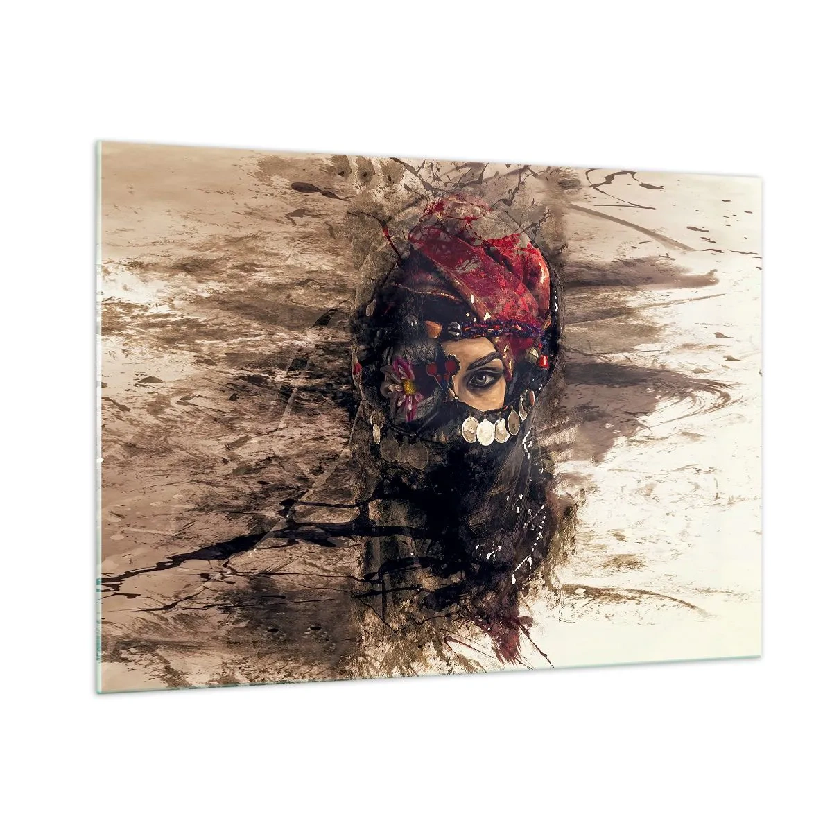 Glasbild - Bild auf glas - Porträt einer geheimnisvollen Frau mit rotem Turban - 100x70cm - Gelinde gesagt besorgniserregend - Moderne Wanddekoration für Wohnzimmer und Schlafzimmer ARTTOR