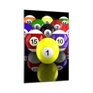 Glasbild - Bild auf glas - Bunte Billardkugeln in einem Dreieck auf schwarzem Hintergrund angeordnet - 80x120cm - Verschiedene Spielfarben - Moderne Wanddekoration für Wohnzimmer und Schlafzimmer ARTTOR