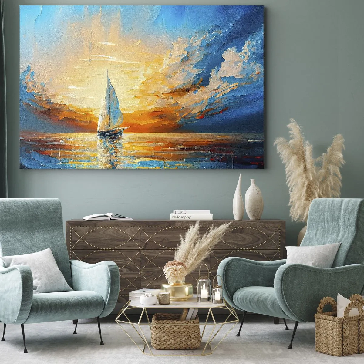Bild auf Leinwand - Leinwandbild - Ein Segelboot vor der Kulisse der untergehenden Sonne und bunten Wolken - 120x80cm - In Gold segeln - Moderne Wanddekoration für Wohnzimmer und Schlafzimmer ARTTOR