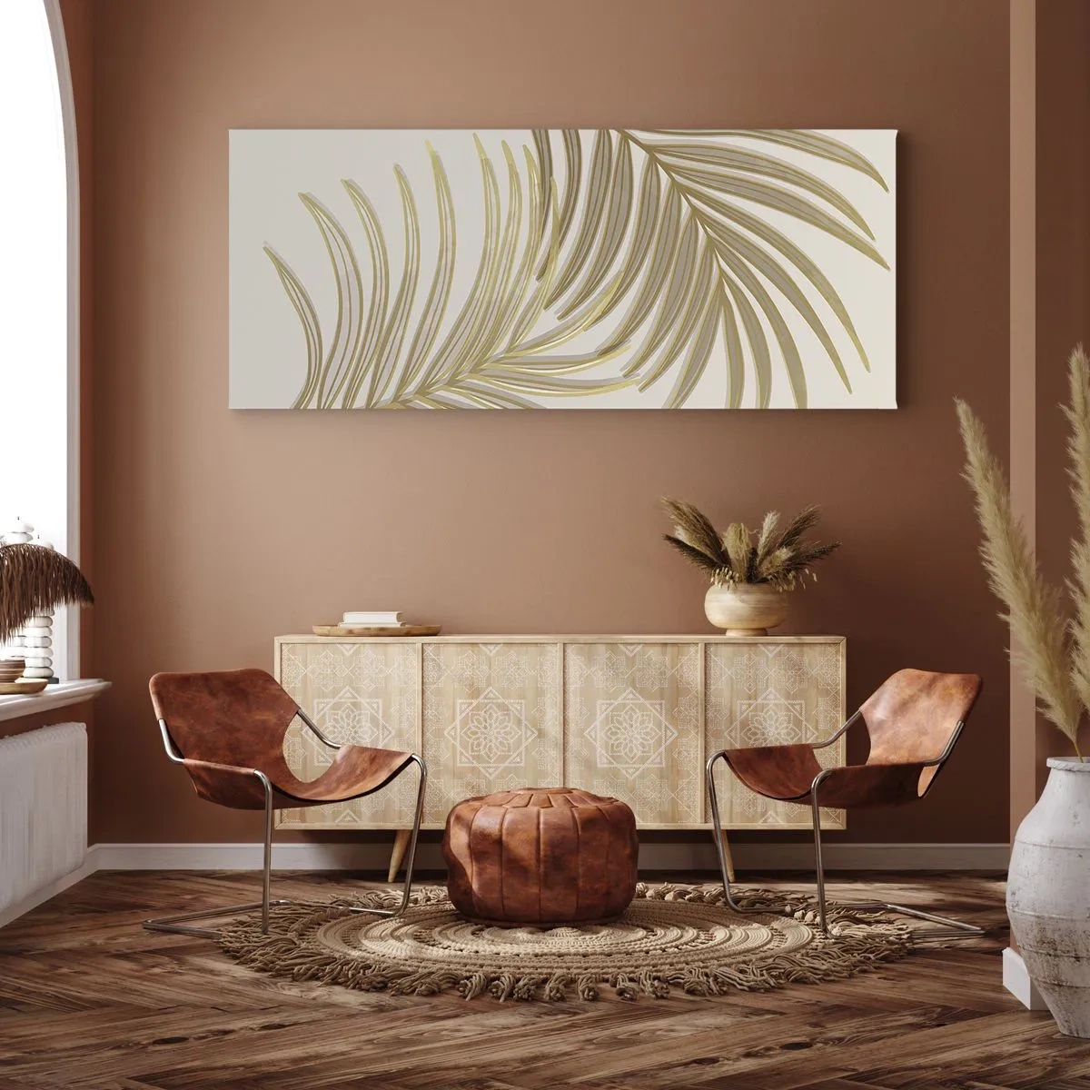 Bild auf Leinwand - Leinwandbild - Goldene Palmblätter auf hellem Hintergrund im minimalistischen Stil - 120x50cm - Goldene Palme! - Moderne Wanddekoration für Wohnzimmer und Schlafzimmer ARTTOR