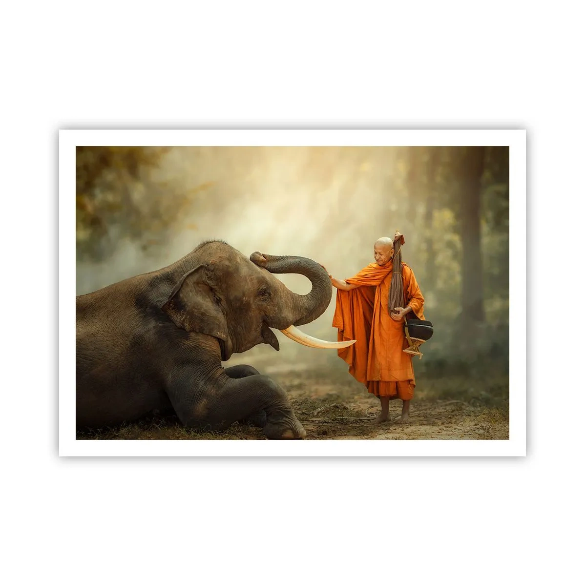 Poster - Ein Mönch und ein Elefant in Harmonie vor der Kulisse der Natur - 100x70cm - Treffen unterwegs - Moderne Wanddekoration für Wohnzimmer und Schlafzimmer ARTTOR