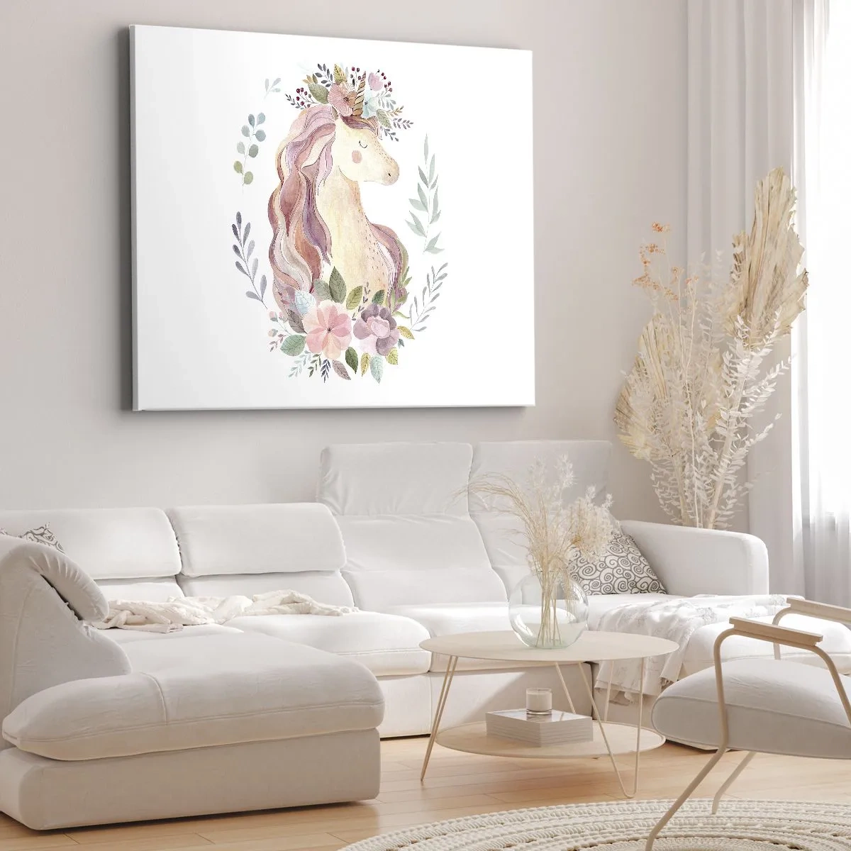 Bild auf Leinwand - Leinwandbild - Ein Einhorn in Pastellfarben, umgeben von Blumen - 70x50cm - Eine Einladung in die Welt der Märchen - Moderne Wanddekoration für Wohnzimmer und Schlafzimmer ARTTOR