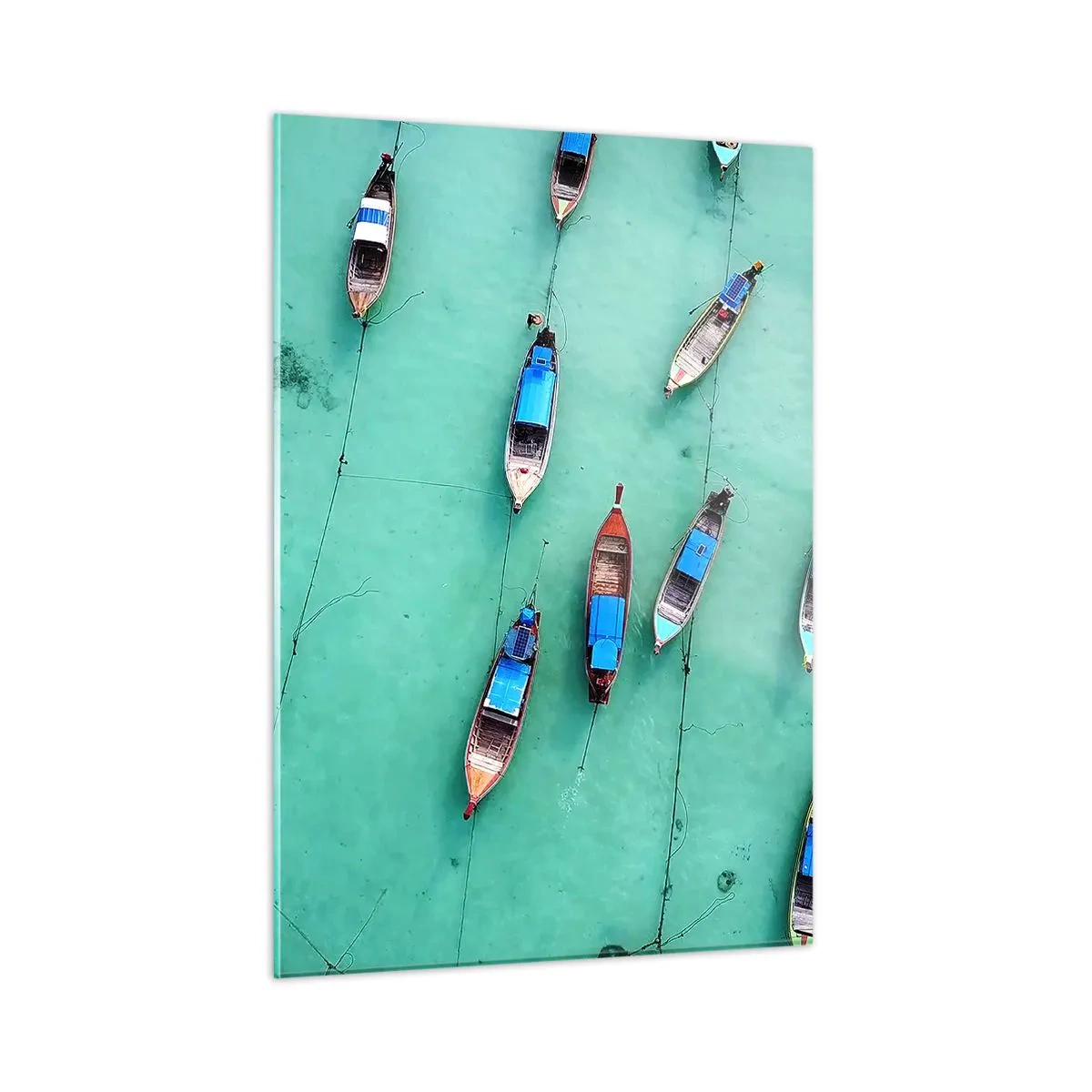 Glasbild - Bild auf glas - Boote auf türkisfarbenem Wasser von oben gesehen - 50x70cm - In freudiger Erwartung - Moderne Wanddekoration für Wohnzimmer und Schlafzimmer ARTTOR