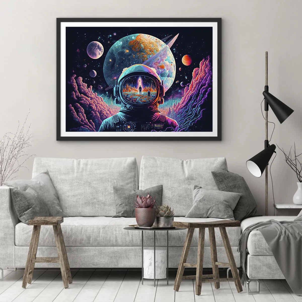 Poster in einem schwarzem Rahmen - Astronaut im Weltraum mit einer farbenfrohen Planetenlandschaft - 70x50cm - Philosophen haben nicht davon geträumt - Moderne Wanddekoration für Wohnzimmer und Schlafzimmer ARTTOR